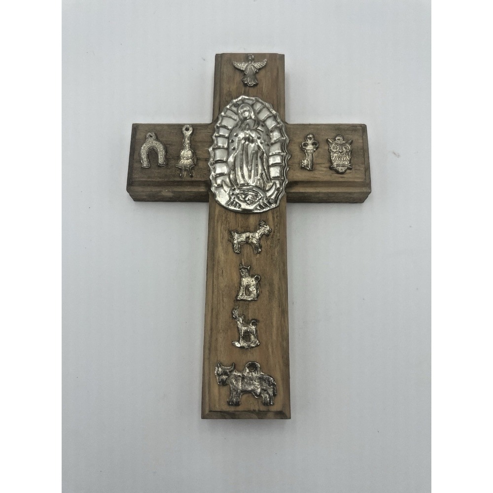 Mexican Folk Art Cross Oremus Mercy Wood Milagros Virgin Mary Religious Crucifix - Picture 2 of 8